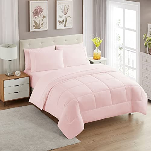 Sweet Home Collection 5 Piece Comforter Set Bag Solid Color All Season Soft Down Alternative Blanket & Luxurious Microfiber Bed Sheets, Pale Pink, Twin - Image 1