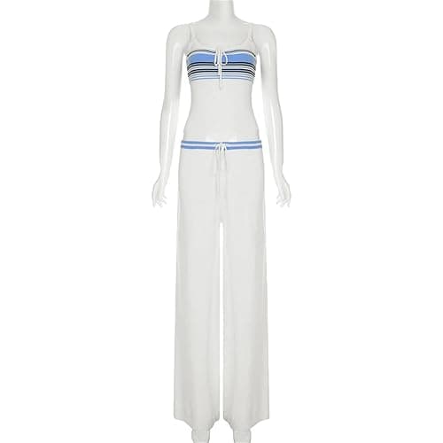 YHUCTRE 2025 Summer Women Two Piece Outfits Sets Women Vest Pants Set Sleeveless Top Loose Drawstring Waist Pants thumbnail 7