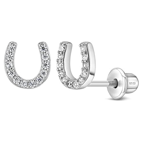In Season Jewelry Cubic Zirconia Horseshoe Stud Kids Earrings - 925 Sterling Silver Hypoallergenic Earrings for Girls with Secure Screw Backs - Safe & Comfortable for Kids & Little Girls - Image 1