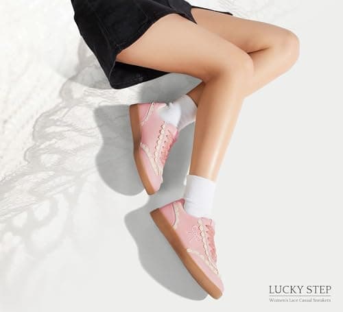 LUCKY STEP Women’s Lace Detail Casual Sneakers Organza Ribbon Lace-Up Fashion Vintage Gum Sole Trendy Cute Shoes(Pink,8) thumbnail 9