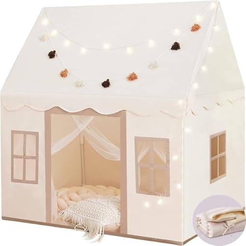 Large Kids Play Tent with Mat, XICEN Play Tent Indoor with Star Lights and Windows, Playhouse for Boys and Girls Aged 3+, Kid Tent with Mat Washable (Cream) - Image 1