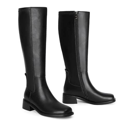 QIY Knee High Boots Women Faux Leather Elastic Boots Low Heel Square Toe Side Zipper Fall Long Tall Boots for Women thumbnail 7