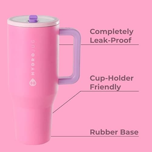 HydroJug Traveler - 32 oz Water Bottle with Handle & Flip Straw - Fits in Cup Holder, Leak Resistant Tumbler-Reusable Insulated Stainless Steel & Rubber Base - Gifts for Women & Men, Pink Sugar thumbnail 3