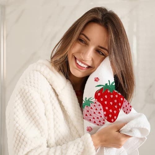 Yanhuecui Strawberry Hand Towels for Bathroom Set of 2, Strawberry Bathroom Decor, Spring Pink Cotton Soft Embroidered Towels for Kitchen Bath 14x30 Inches, Summer Decorations Hand Towels Gifts thumbnail 6