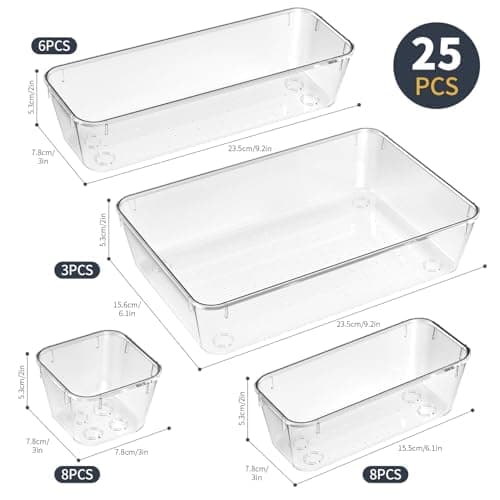 KITCHEN MONSTER 25 Pack Clear Drawer Organiser Set, 4 Size PET Storage Trays with Anti Slip Design, Stackable Drawer Dividers for Makeup, Bathroom, Kitchen and Office thumbnail 2