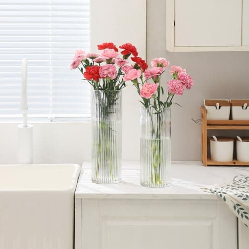 YANWE1 Clear Glass Vase, Glass Flower Vase, Ribbed Glass Vase, Clear Vase, Tall Cylinder Glass Vases for Centerpieces, Living Room, Dining Table, Office, Wedding, Bookshelf Decoration, 9.8 Inches thumbnail 8