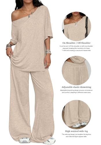 TDCoool Women's 2 Piece Matching Lounge Set Off The Shoulder Short Sleeve Top Wide Leg Sweatpants Set Casual Loungewear thumbnail 3