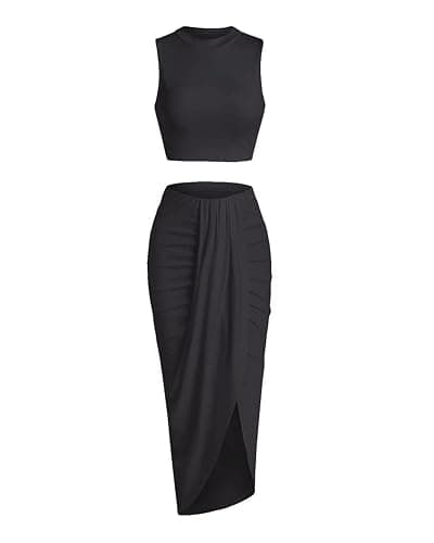 ZAFUL Women's Casual Sleeveless Summer Two Piece Outfits Crop Top and Side Split Draped Ruched Maxi Skirt Set Solid Suiting - Image 1