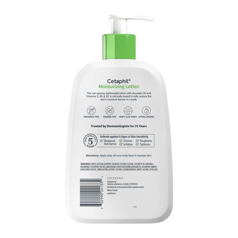 CETAPHIL® Loción Humectante Corporal y Facial 473 ml | Hidratación 48h con Niacinamida, Vitamina E, Dimeticona y Aceite de Aguacate | Textura Ligera y No Grasa thumbnail 2