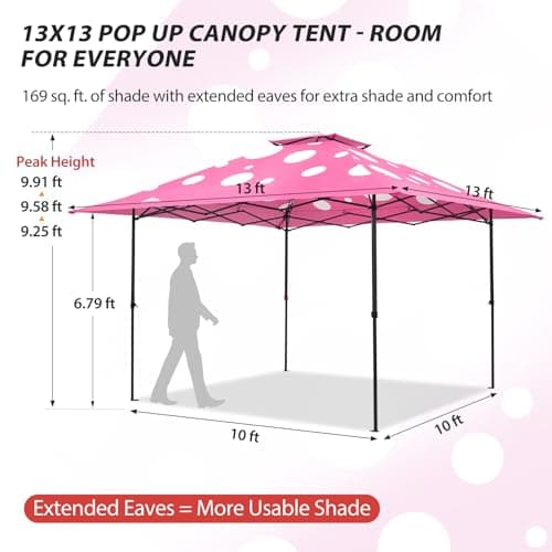EAGLE PEAK 13x13 Straight Leg Pop Up Canopy Tent Instant Outdoor Canopy Easy Single Person Set up Folding Shelter w/Auto Extending Eaves 169 Square Feet of Shade (Pink Mushroom) thumbnail 3