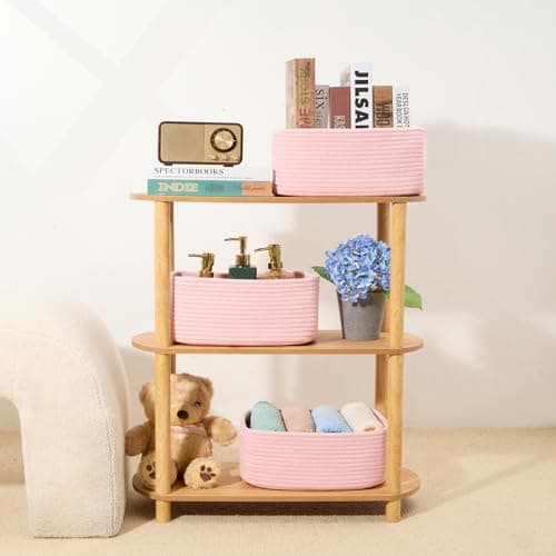 MiniArk Small Storage Baskets for Organizing | Closet Organizer Bins | Shelf Toy Basket | Woven Rope Baskets | Cube Decorative Box | Shallow Basket | 13x8.5x5.1” | 4 Packs Light Pink thumbnail 6