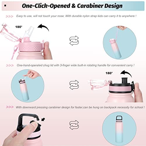 Oldley Insulated Water Bottle with Straw 20oz Stainless Steel Water Bottles with 3 lids Double-Wall Vacuum Thermal for Kids Adults School Sports, Pink-Blue thumbnail 3