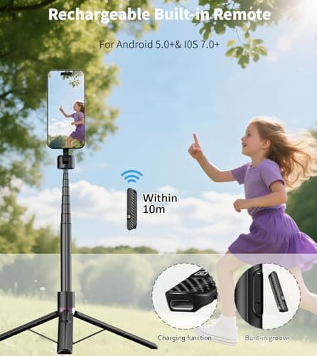 TONEOF 68" Magnetic Selfie Stick Tripod with Aluminum Strong Magnetic Holder for Magsafe, 360° Rotatable Travel Phone Tripod Stand with Metal Ring & Rechargeable Remote for iPhone/Android（Black） thumbnail 3