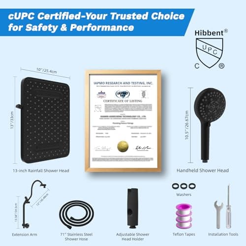 Hibbent cUPC Certified 13'' Shower Head Combo, High Pressure 5 Spray Rainfall Showerhead, 10 Spray Mode Handheld, All Metal Easy Reach 4-way Diverter Arm with Pause Mode, 71'' Hose and Holder, Black thumbnail 9