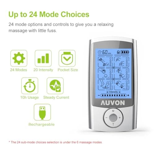 AUVON Rechargeable TENS Unit Muscle Stimulator, 24 Modes 4th Gen TENS Machine with 8pcs 2"x2" Premium Electrode Pads for Pain Relief thumbnail 3