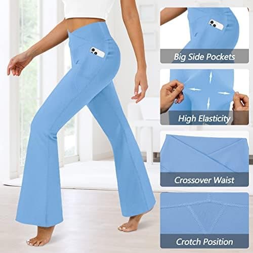 DLOODA Women's Flare Leggings with Pockets-Crossover High Waisted Bootcut Yoga Pants-Tummy Control Bell Bottom Leggings thumbnail 5