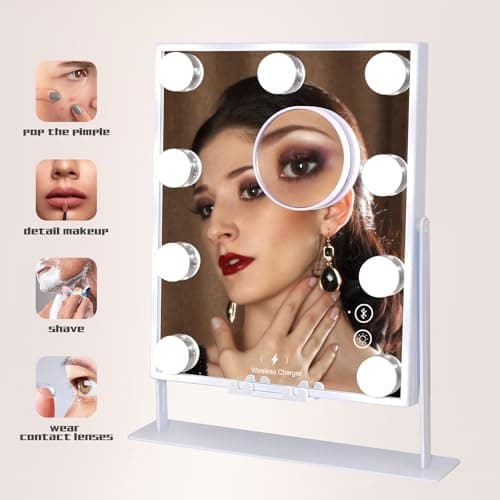 COOLJEEN Vanity Mirror with Lights and Bluetooth, Wireless Charging Lighted Vanity Mirror with Phone Stand, 9-Bulb 3 Color Lighting Tabletop Lighted Makeup Mirror, 360°Rotation - C-white-speaker & Wireless Charging-9 Bulbs thumbnail 7