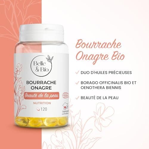 PEAU BELLE & SAINE - Riche en Oméga 6 - Bourrache Onagre Bio certifié Ecocert - 120 capsules - Cure 1 mois - Complément Alimentaire BELLE&BIO - Fabriqué en France thumbnail 5
