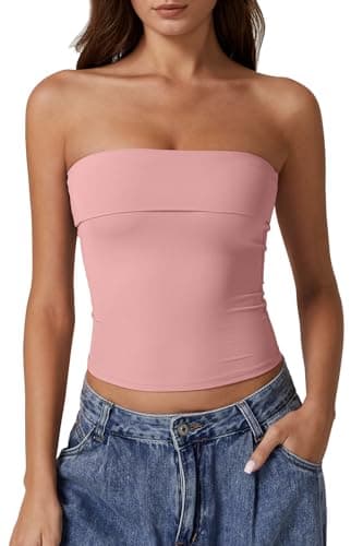 QINSEN Womens Y2k Off Shoulder Tops Double Lined Strapless Tube Top Going Out Bandeau Crop Tops Pink M - Image 1