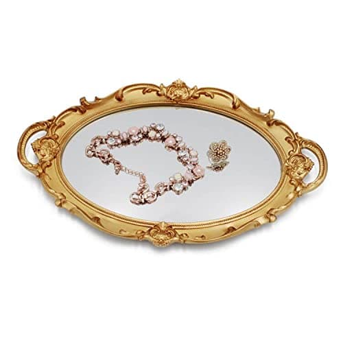 Funerom Vintage 36.8 x 25.4 cm Gold Mirror Tray Decorative Tray Bathroom Tray Serving Tray Oval thumbnail 5