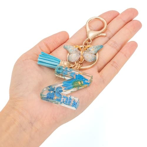 MWOOT Initial Letter Z Keychain Resin Alphabet Keyrings,Blue Petals Gold Foil Key Ring Charm with Butterfly Tassel Pendant,Kawaii Key Chain for Womens Gift Ideas Wallet Purse Bag Handbag Decor (Z) thumbnail 6