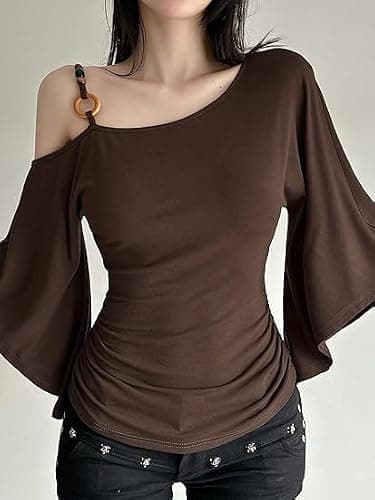 Chvity Women One Shoulder Halter Top 3/4 Bell Sleeve Off The Shoulder Tops Solid Slim Fit Spring Summer T-Shirt Tees thumbnail 3