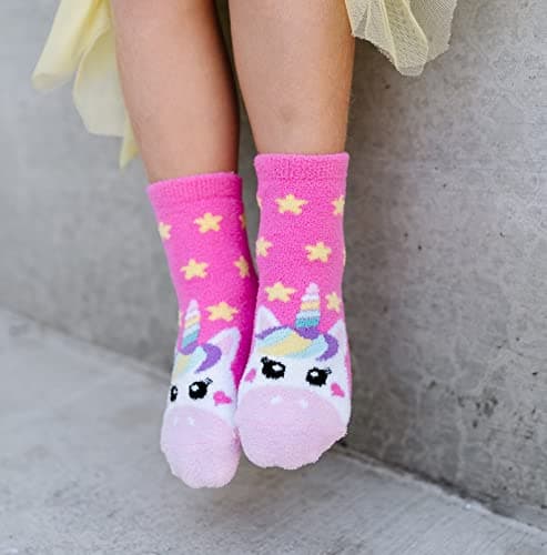 Jefferies Socks Girls Fuzzy Rainbow Animal Pattern Non Skid Slipper Socks 4 Pack thumbnail 7