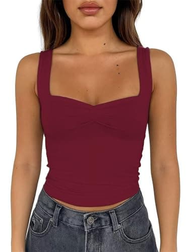 ForeFair Women's Sexy Sleeveless Tank Top Summer Going Out Top Pleated Sweetheart Neck Strap Tight Slim Fit Cute Tops(L,Burgundy) thumbnail 2