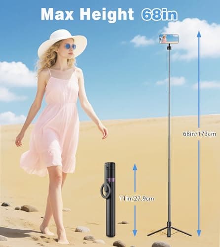 TONEOF 68" Magnetic Selfie Stick Tripod with Aluminum Strong Magnetic Holder for Magsafe, 360° Rotatable Travel Phone Tripod Stand with Metal Ring & Rechargeable Remote for iPhone/Android（Black） thumbnail 6