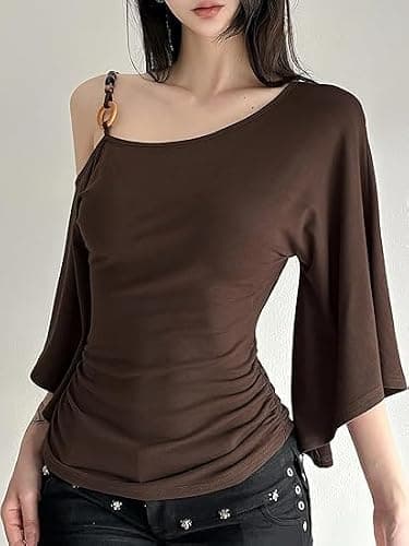 Chvity Women One Shoulder Halter Top 3/4 Bell Sleeve Off The Shoulder Tops Solid Slim Fit Spring Summer T-Shirt Tees thumbnail 5