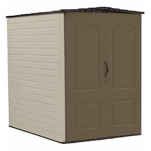 Rubbermaid Large Vertical Resin Outdoor Storage Shed With Floor (5 x 6 Ft), Weather Resistant, Brown, Organization for Home/Backyard/Garden Tools/Lawn Mower/Bike Storage/Pool Supplies - 5'x6' - Image 1