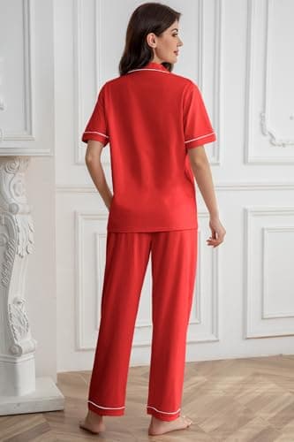 QZH.DUAO Girl & Women's 100% Cotton Short Sleeves and Long Pants Pajama Set,2-Piece, 5 Years - Large, Red, 11-12 Years thumbnail 6