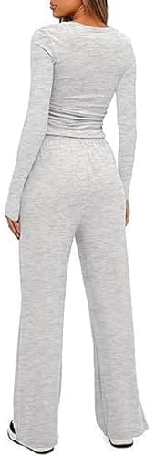 OLIPHEE Ensemble Femme 2 Pièces Haut Manches Longues et Pantalon Fluide Jambe Large Ensemble Chic et Elegant Survêtement Femme Combinaison Outfit Yoga Fitness Jogging thumbnail 3