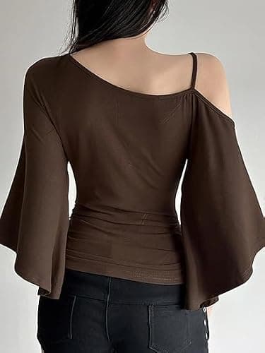 Chvity Women One Shoulder Halter Top 3/4 Bell Sleeve Off The Shoulder Tops Solid Slim Fit Spring Summer T-Shirt Tees thumbnail 4