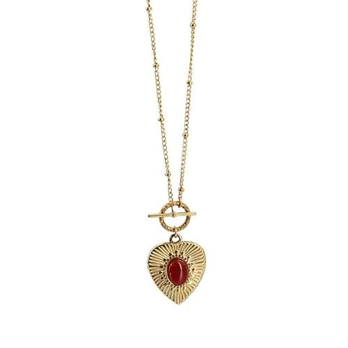 UniLogue Retro Vintage Radial Pattern Love Heart Red Agate OT Buckle Necklace Women's Easy-Matching Casual Necklace - Image 1