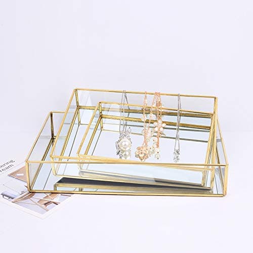 Gold Mirror Tray Perfume Display & Jewelry Organizer - Makeup, Serving, Bathroom Trays - Beautiful Art Decor, Neaten Storage for Vanity, Closet, Dresser (20 * 14 * 3.5cm) thumbnail 2