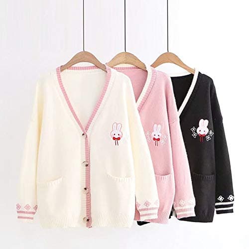 Cute Knitted Vest Teen Girls Kawaii Bunny Embroidery Long Sleeve Sweater With Pockets V Neck Knitwear thumbnail 2