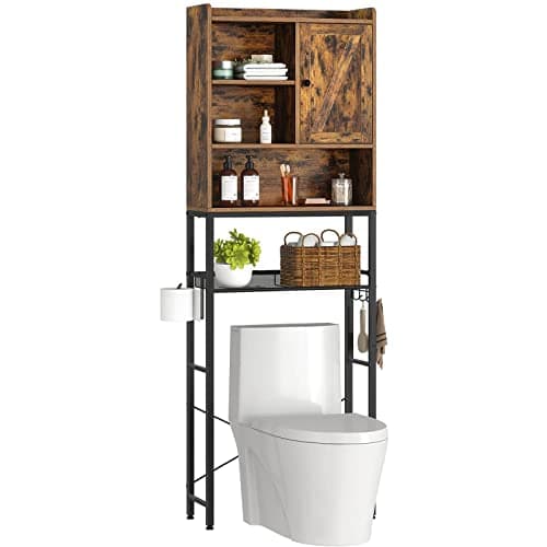 Rolanstar Over The Toilet Storage Rack with Cabinet, 5-Tier Bathroom Organizer, Bathroom Space Saver with Adjustable Shelf, Wooden Freestanding Bathroom Organizer Over Toilet, Rustic Brown
