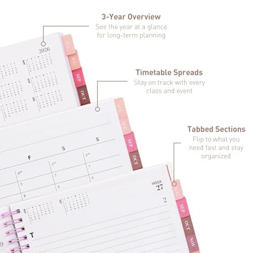 Rileys Academic Planner 2026-2027, Daily, Weekly & Monthly Planner, July 2026 - June 2027, Student Notes Pages, Twin-Wire Binding, Weekly Agenda for School & Work (8 x 6-Inches, Deco, Pink) thumbnail 3