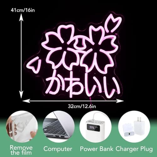 JLEWUINH Kawaii かわいいLed Neon Light Sign Japanese Cherry Blossoms Light Up Wall Decor Sign Girls' Room Decoration Birthday Party Christmas Neon Sakura Light (Pink) thumbnail 2