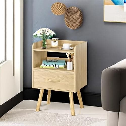 Yoobure Modern Nightstand with Fabric Drawer, Bedside Tables, Mid Century Nightstand with Open Storage Shelf, Wood Bedside Table, Small Night Stands for Bedrooms, 2-Tier Night Table thumbnail 2