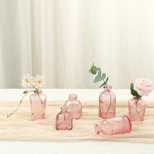 Efavormart Set of 6 Vintage Embossed Dusty Rose Glass Bud Vases, Decorative Apothecary Style Reed Diffuser Table Centerpieces thumbnail 2
