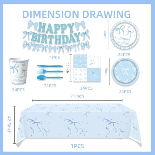 171Pcs Blue Bow Birthday Party Supplies Blue Bow Plates,Banner,Tabelcloth,Cups,Knives,Spoons,Forks,Baby Shower Girls Bow Party Decorations thumbnail 2