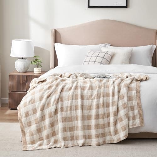 Snuggle Sac Checkered Throw Blanket for Couch, Super Soft Cozy Warm Knit Netural Decorative Fluffy Blankets, Reversible Buffalo Plaid Microfiber Throws for Sofa Bed, Plaid Beige, 50x60 Inches thumbnail 2