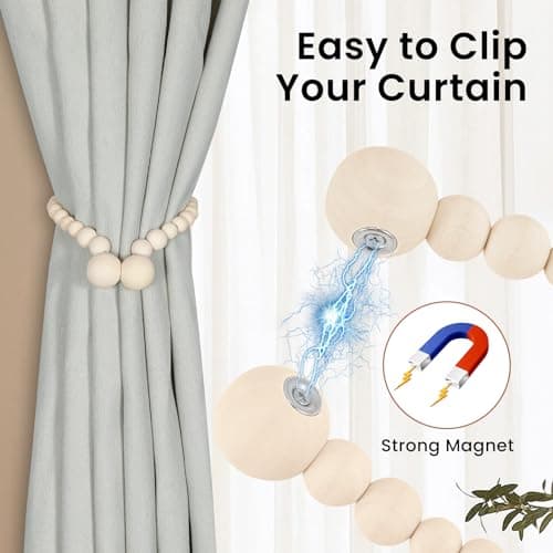 KLOGTSIND Magnetic Curtain Tiebacks, Curtain Holdbacks for Curtains 2 Pack, Wood Bead Curtain Holders for Boho Bedroom Decor, Baby Nursery Decor, Farmhouse Decor thumbnail 2