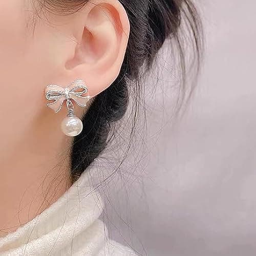 Gold Bow Earrings for Women, Long Tassel Chain Drop Earrings, Trendy Small Bow Earrings, Ribbon Waterfall Dangling Earrings, Pearl Bow Earrings, Sparkly Elegant Bowknot Preppy Jewelry Gifts for Women thumbnail 4