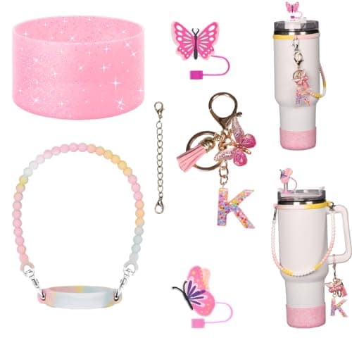 BSHYT Pink Stanley Cup Accessories Set,Includes 2pcs 0.4in Straw Covers,1 Silicone Water Bottle Sling for 8-40oz Bottles,1 Name ID Letter Handle Charm,1 Silicone Boot,Fits Stanley 30&40 Oz Tumbler (K) - Image 1