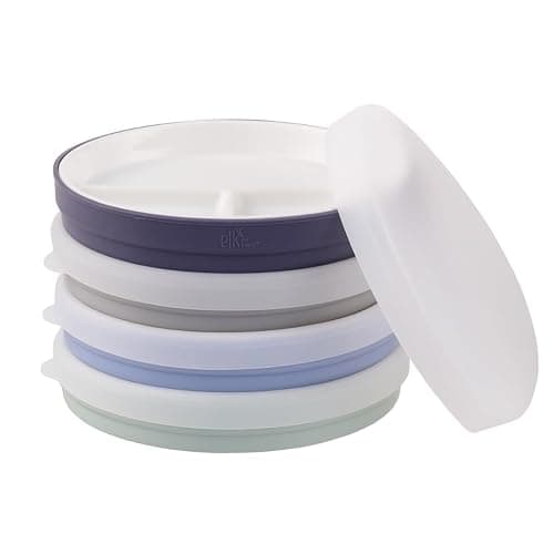 Elk and Friends Kids 6.7” Porcelain Divided Plates with Silicone Sleeves + Silicone Lids | Suitable for Babies/Kids/Toddlers | Microwave & Dishwasher Safe | Non Slip | Snack Dishes - Sage/Gray/Misty Blue/Navy - 6.7" Divided with Lid - Image 1