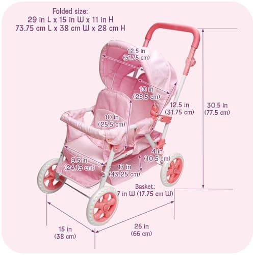 Badger Basket Double Front to Back Stroller for Dolls - Lightweight Foldable Toy Pram with Gingham Fabric Canopy and Storage Basket – Fun Pretend Play for Kids Ages 3 and Up - Pink thumbnail 4