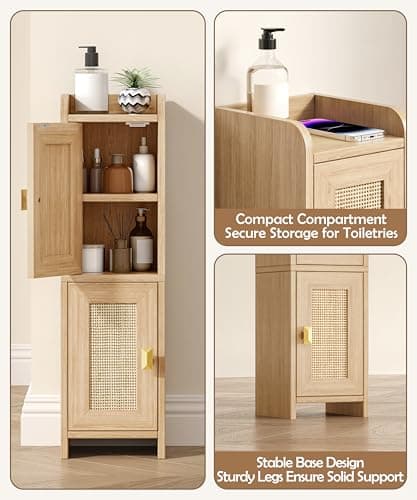 Akxomel Rattan Small Bathroom Cabinet with 2 Doors, 7.9''D x 7.9''W Narrow Toilet Paper Storage Cabinet, Bathroom Organizer for Small Spaces, Wooden Slim Corner Unit with Adjustable Shelf, Natural Oak thumbnail 7